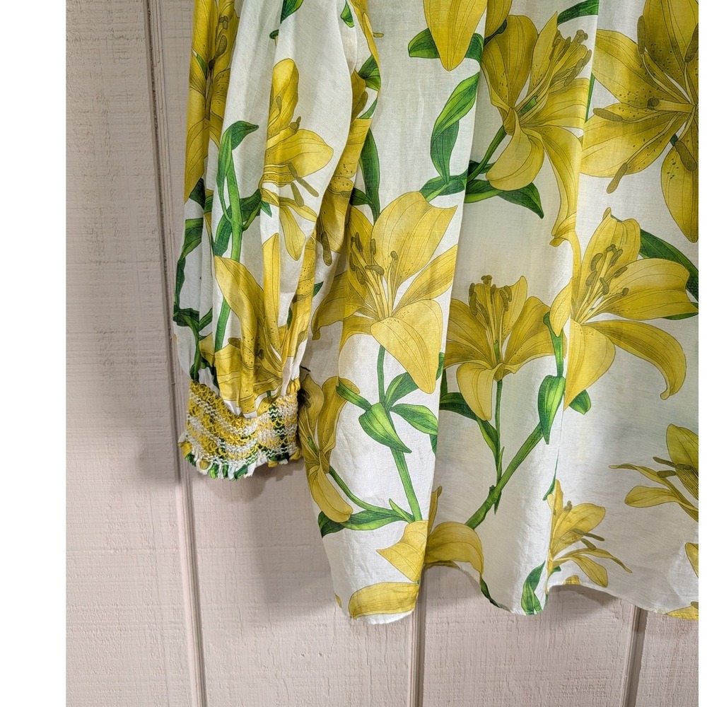 Alice +‎ Olivia Maylin Yellow Lily Floral Silk Blend Puff Sleeve Blouse Large - Picture 13 of 16